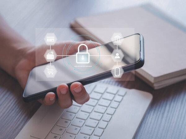Concept of using login password, online internet, information network, people, banking, online shopping. Secured access with password on screen of smartphone. Data protection concep