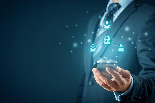 Computer and smart phone users connected via virtual private network. Private network security concept.