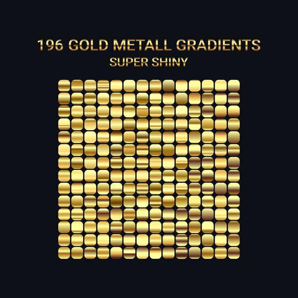 Big Set of Gold Gradient templates. Shiny gradients for digital design. Pure glossy metallic texture. For text, coin, mockup, frame, ribbon, holidays design and ornament