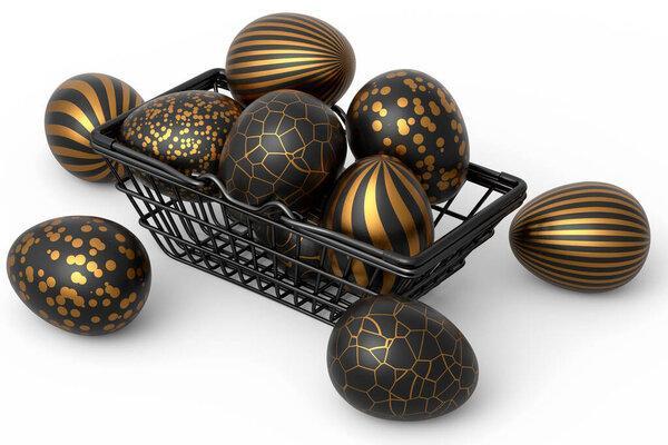 Golden and black Easter eggs in basket or tray and chocolate eggs on white background. 3d render of Happy easter elegant design layout for invitation, card, menu, flyer, banner, poster, voucher