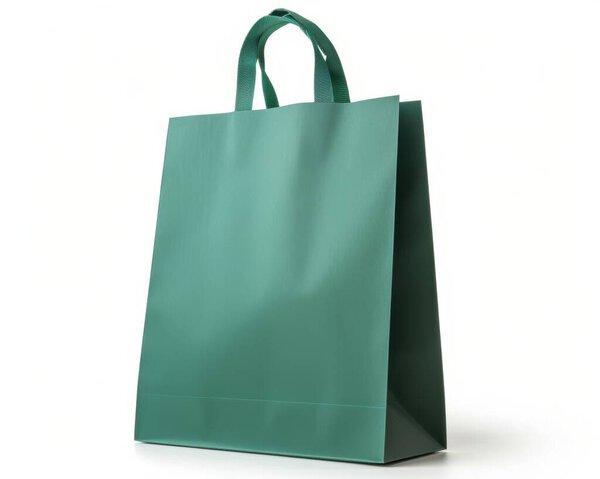A vibrant teal shopping bag stands upright, showcasing a modern, minimalist design against a soft white backdrop.