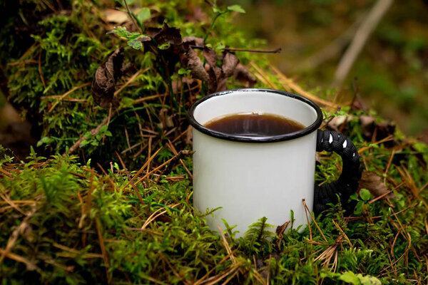a cup of tea in the forest. forest background. moss and leaves