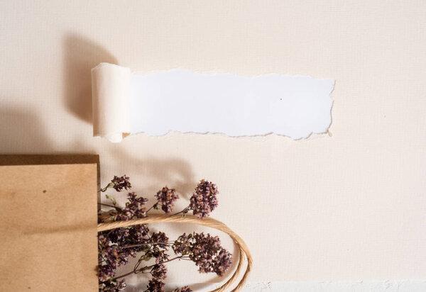 Flowers of homemade dry tea. Mint lemon balm and chamomile in craft packaging. Torn paper postcard nearby. Christmas or Valentine's Day. top view, copy space. Flat lay.