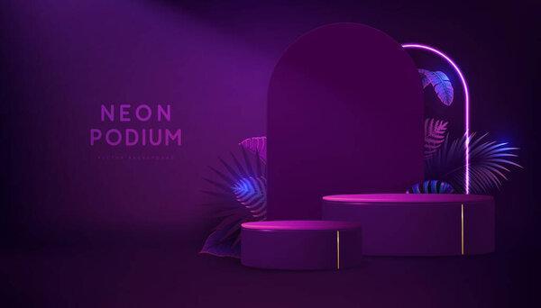 Fluorescent neon showcase background with 3d podium and tropic leaves.  Summer nature concept. Vector illustration