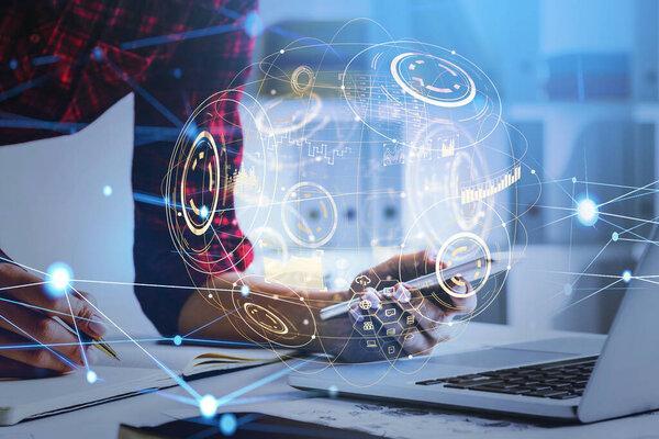 Office woman hands using phone, writing in notebook. Double exposure with earth globe with stock market changes, data information symbols and circuit. Concept of business technology