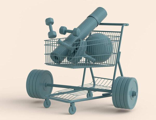 Sport equipment for fitness, gym in shopping cart on monochrome background. 3d render of power lifting and fitness concept