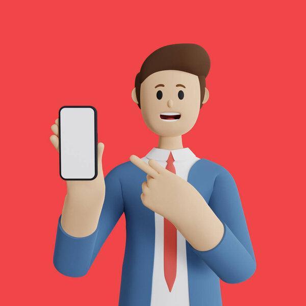 3D 渲染的男性角色指着智能手机向上。