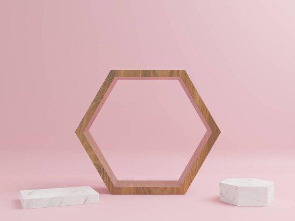 Wooden Podium With marble pedestals all around with a pink background,3d rendering