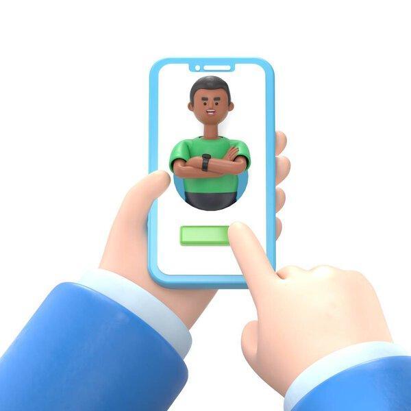 3D渲染卡通人物，手持智能手机
