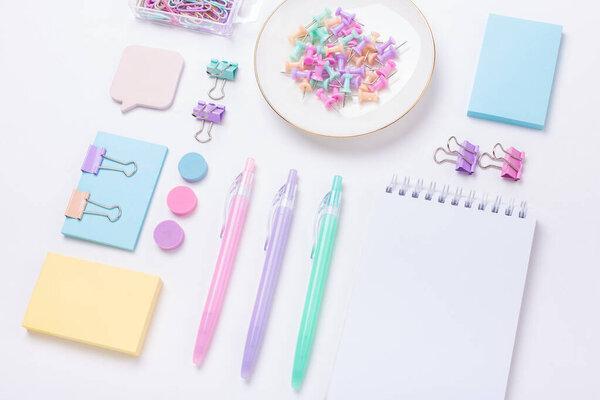 School supplies in pastel color Back to school concept Flat lay