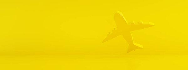 Airplane icon over yellow  background, ticket search concept, 3d rendering, panoramic mock-up