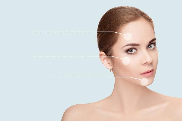 Spa portrait of young, beautiful woman with dotted arrows on fac