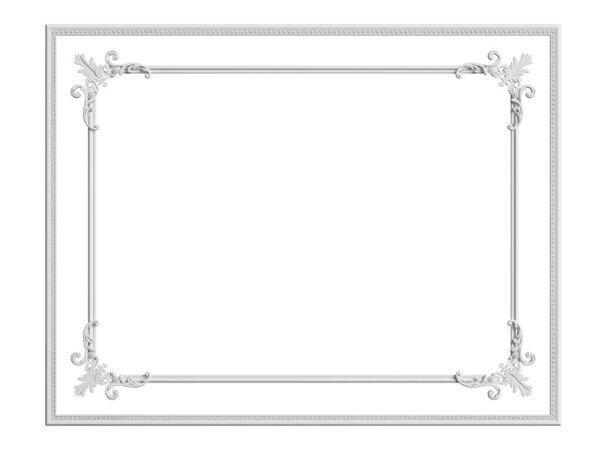 Classic white frame with ornament decor isolated on white background. Digital illustration. 3d rendering