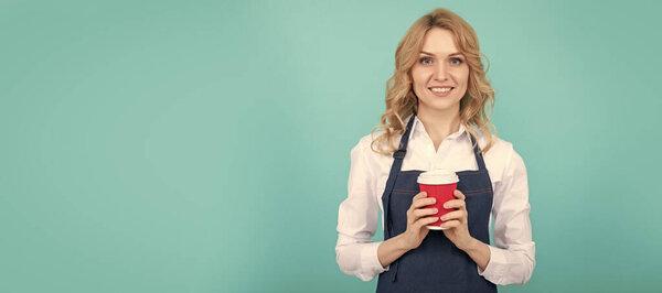 Spirit of Expertise. cheerful girl drinking tea. woman in apron with plastic cup. good morning. Woman isolated face portrait, banner with mock up copy space
