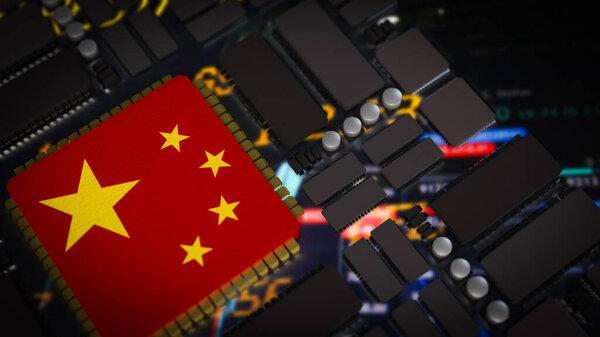 中国国旗在pcb板上的技术概念3D渲染.