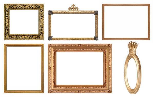 Set of golden frames for paintings, mirrors or photo isolated on white background