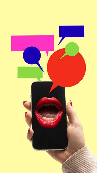 Trendy artwork. Smartphone with red lips speaking through bright speech bubbles. Concept of digital communication, PR dialogue, online engagement for SMM, marketing, and modern media visuals.