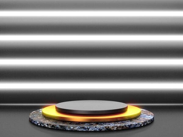 Black stand podium on dark background. Realistic dark platform. 3d render
