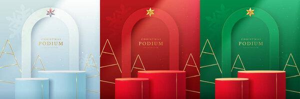 Set of holiday Christmas showcase  backgrounds with 3d podiums, metallic Christmas trees and arch. Abstract minimal scene. Vector illustration