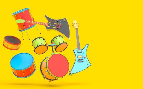 Set of electric acoustic guitars and drums with metal cymbals on multicolor background. 3d render of percussion instrument, drum machine and drumset with heavy metal guitar for rock festival poster