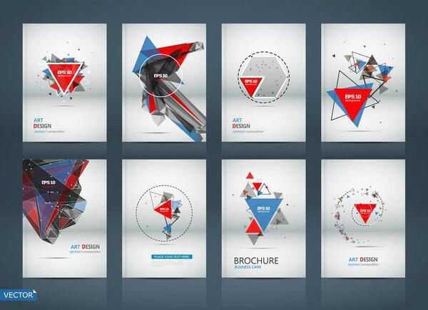 Abstract composition. White a4 brochure cover design. Patch info banner frame. Text font. Title sheet model set. Modern vector front page. Brand logo texture. Color figures image icon. Ad flyer fiber