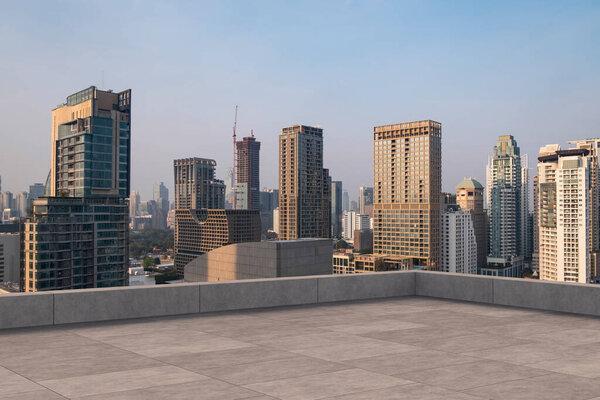 Panoramic Bangkok skyline view, concrete observatory deck on rooftop, sunset. Luxury Asian corporate and residential lifestyle. Financial city downtown, real estate. Product display mockup empty roof