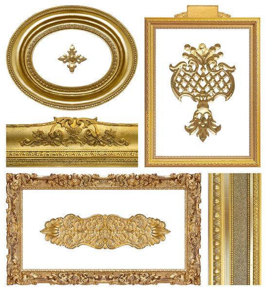 Set of golden frames for paintings, mirrors or photo isolated on white background