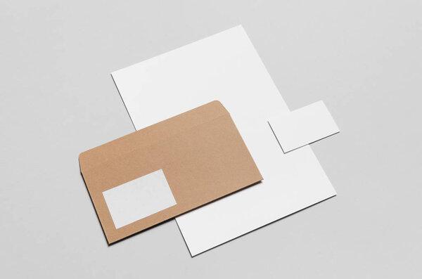 Branding / Stationery Mock-Up - Kraft & White - Letterhead (A4), DL Envelope,Business Card (85x55mm)