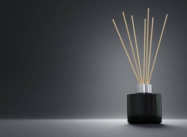 Aroma diffuser black bottle with silver cap and wooden sticks 3D render, aromatic product design ready mockup on gray background