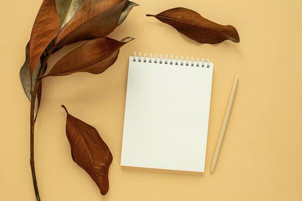 Flatlay of a white blank notepad, pen and dried brown magnolia leaves. Autumn Mockup for a text