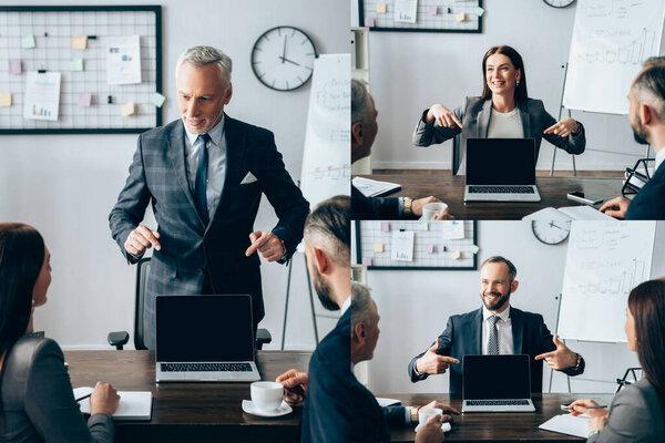 Collage of smiling businesspeople pointing at laptop with blank screen near colleagues on blurred foreground in office 