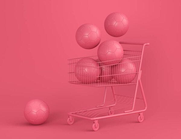 Set of ball like basketball, american football and golf in shopping cart on monochrome background. 3d rendering of sport accessories for team playing games