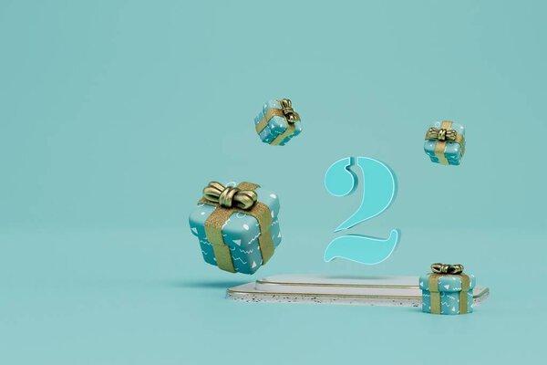 birthday celebration. podium with the number 2 around which gift boxes fly. 3D render.