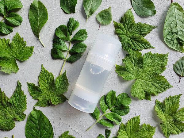 Mock-up of transparent bottle of Intimate lubricant gel and fresh leaves on a gray textural background. Bottle for branding and label. Flower Flat lay, top view.