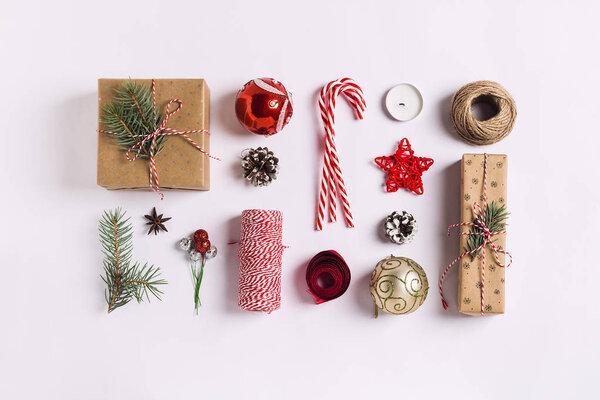 Christmas decoration composition gift box pine cones ball spruce branches candle