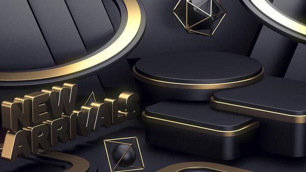 title New Arrivals. showcase for displaying three products. beautiful abstract background. advertising poster, black podium. 3d render