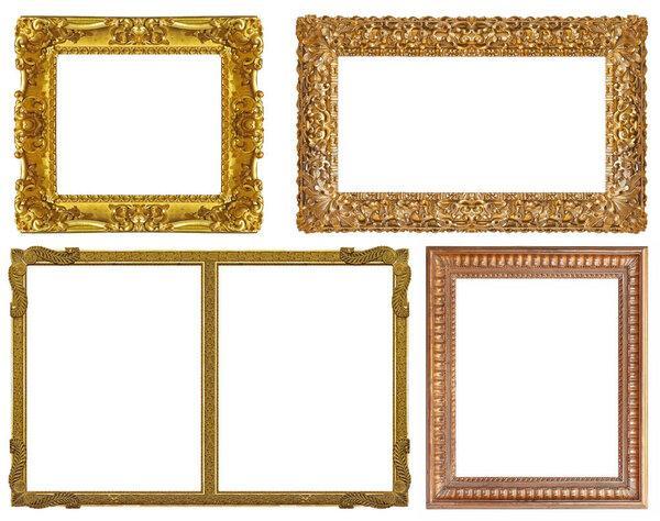 Set of golden frames for paintings, mirrors or photo isolated on white background