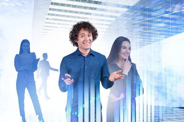 Business people working together, silhouettes of smiling people with bar chart and numbers. Double exposure of city skyscrapers, toned image. Concept of finance and partnership