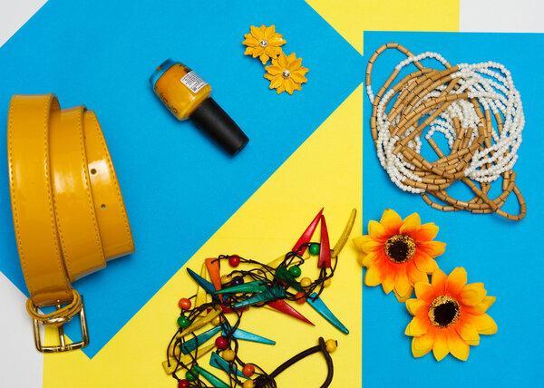 Overhead view of Travelers accessories, Essential vacation items, Summer concept background