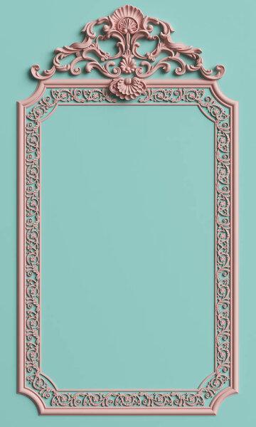 Classic frame with ornament decor in pastel pink color on pastel mint blue background. Digital illustration. 3d rendering