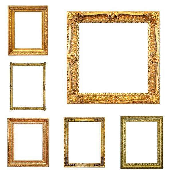 Set of golden frames for paintings, mirrors or photo isolated on white background