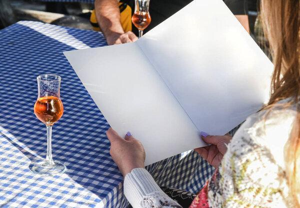 Two persons in restaurant. Female hands holding blank menu 