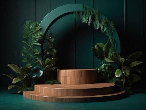 Cosmetics product advertising stand. Exhibition wooden podium on green background with leaves and shadows. Empty pedestal to display product packaging. Mockup. Generative AI