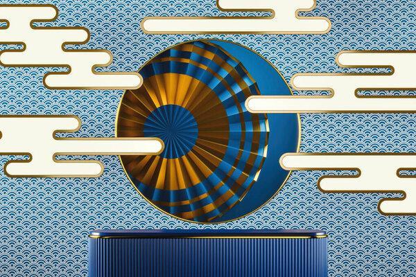 Blue platform on backdrop japan style, gold frame and blue chinese fan, fish scales pattern and clouds, abstract background for product presentation or ads. 3d rendering