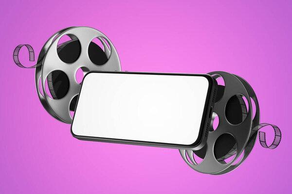 A mockup of a smartphone with a white screen in a horizontal position on a pink background, film reels. Online cinema concept. Watching movies on the Internet on the phone.3d render.