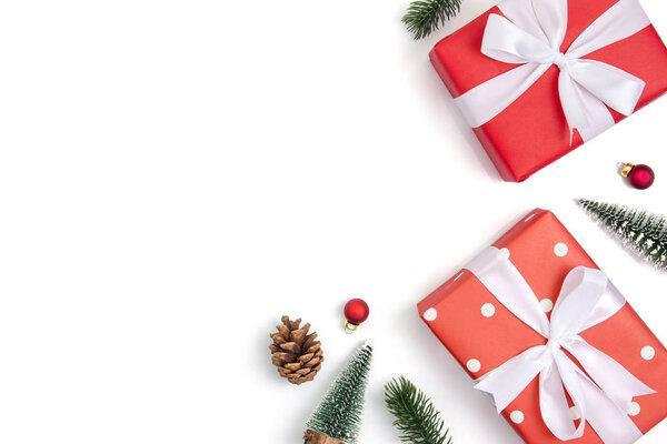 Christmas holiday composition with red gift box and decoration i