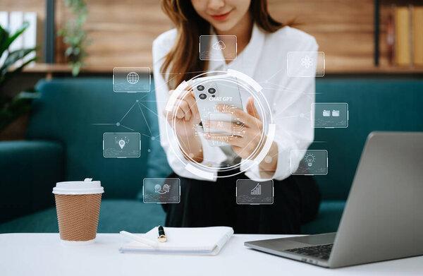 Businesswoman using chatbot on digital device, smart intelligence Ai.Chat with AI Artificial Intelligence, developed by Open AI generate. Futuristic technology, robot in online system