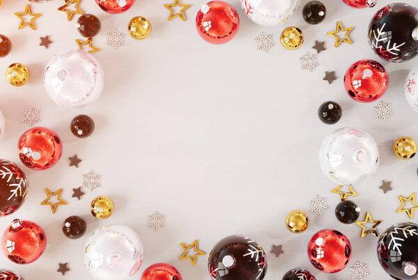 Christmas card mockup on white wood with red baubles 3D rendering