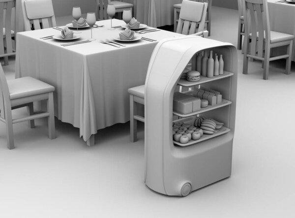 Clay rendering of food delivery robot working in a restaurant. Touchless service concept. 3D rendering image. 