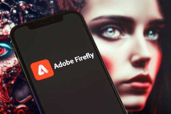 KYIV, UKRAINE-MARCH 17, 2024 Adobe Firefly logo on iPhone显示屏上的萤火虫标志，背景为人工智能的未来主义ai生成的图像特写